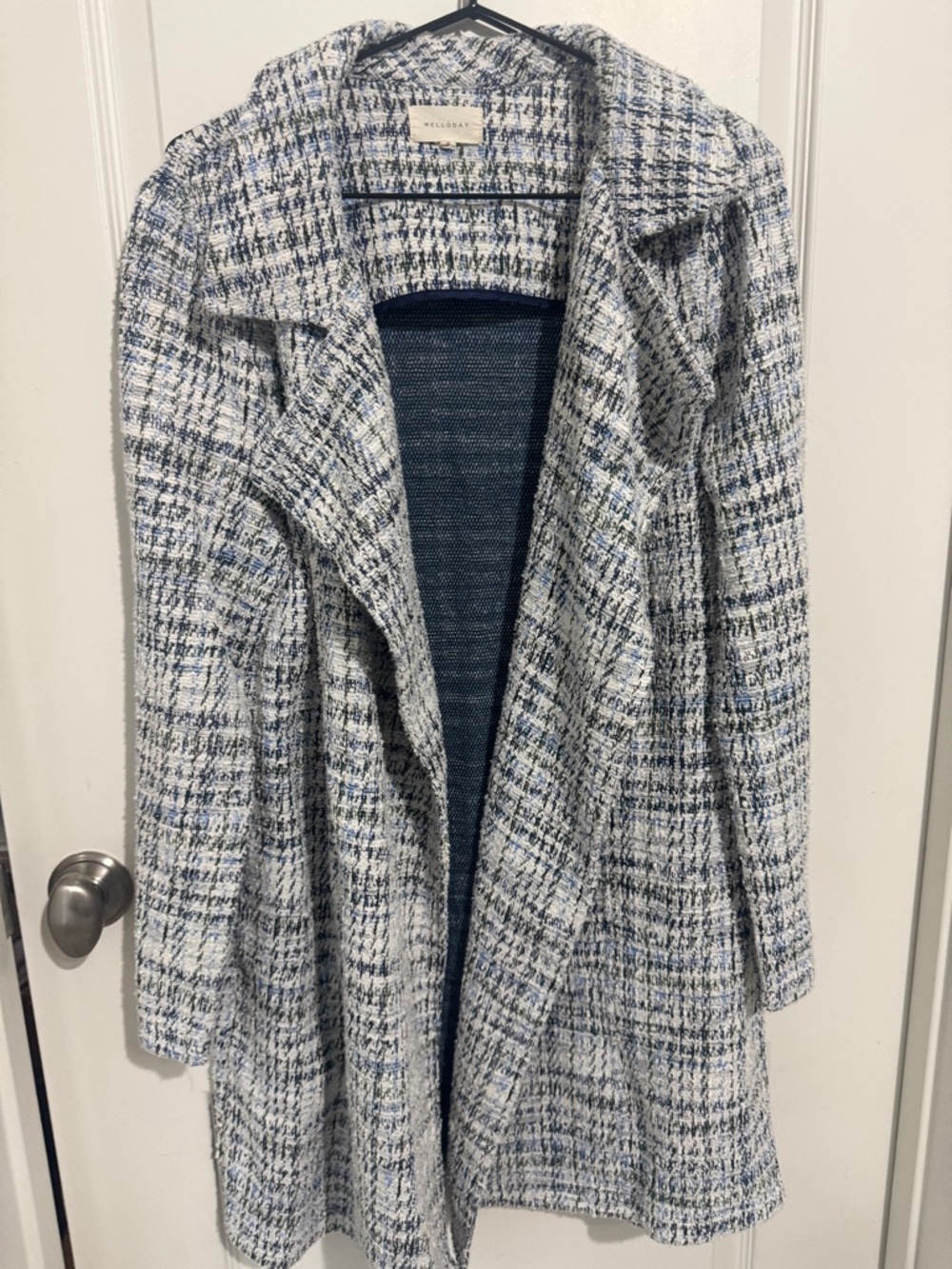 MELLODAY Blue and White Plaid Open-Front Trench Coat